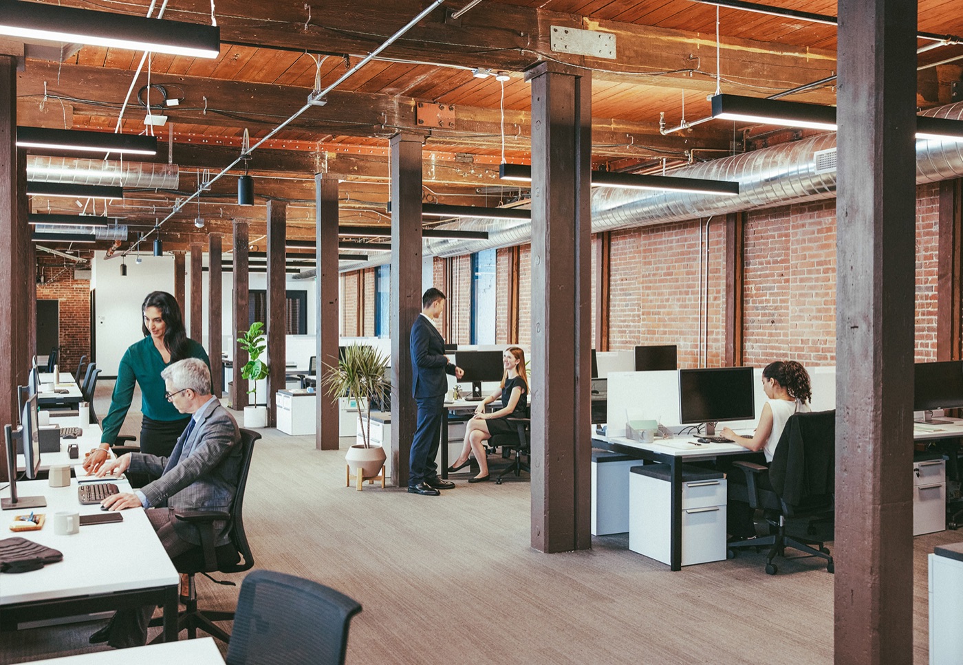 Finance colleagues working together at a desk in a brick-and-timber open-plan office